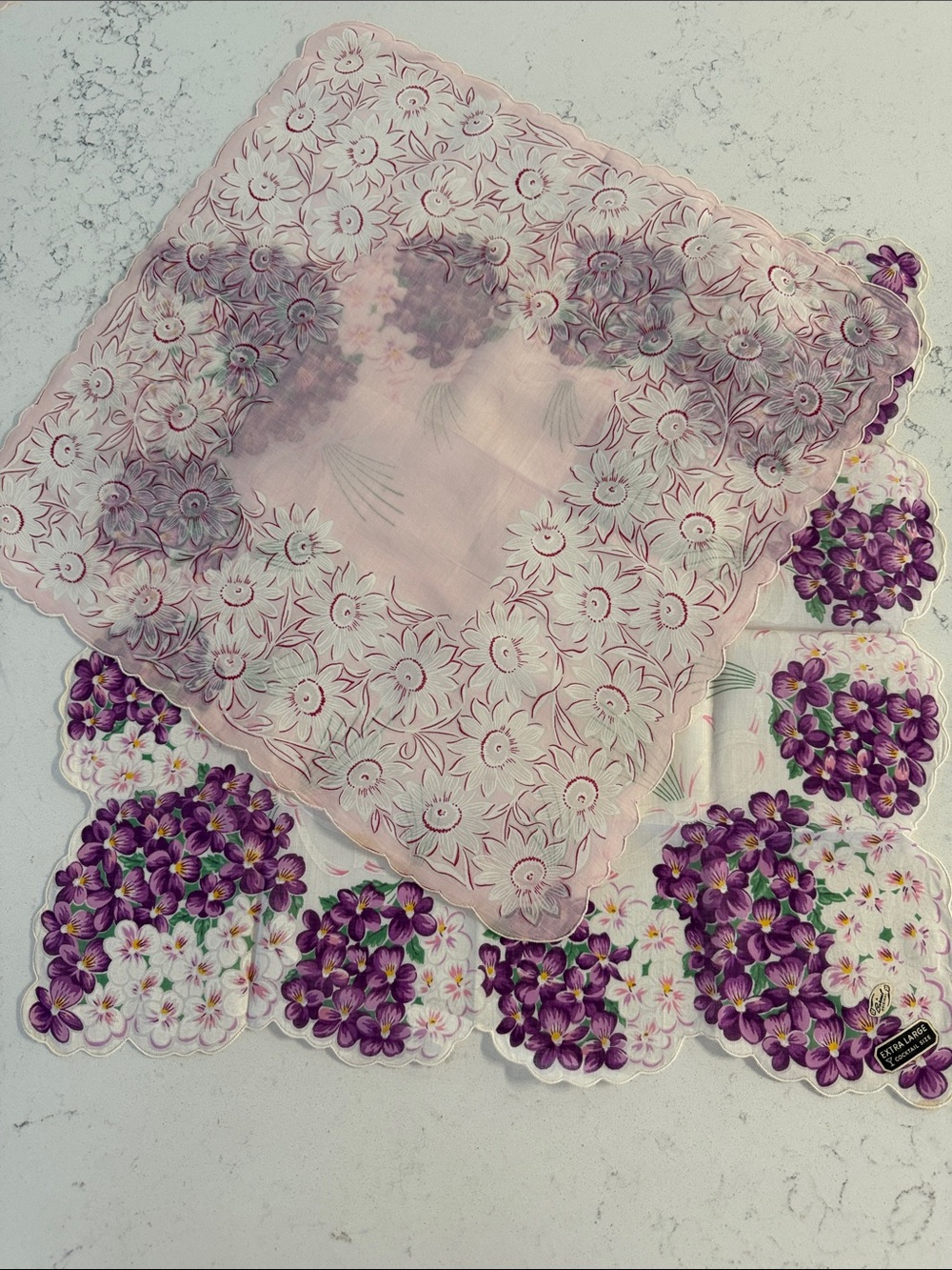 Vintage 2 pc Floral Cotton Handkerchief Set - Pink & Purple